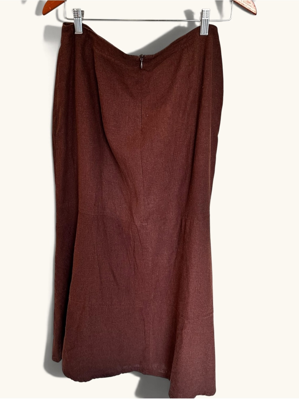 First Option Brown Linen Rayon A-Line Long Skirt Drawstring Waist Zip Size 12